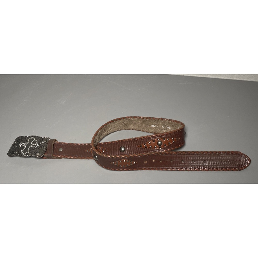 Men's Enmon Leather Studded Cross Rhinestone Buckle Western Cowboy Belt Size 36